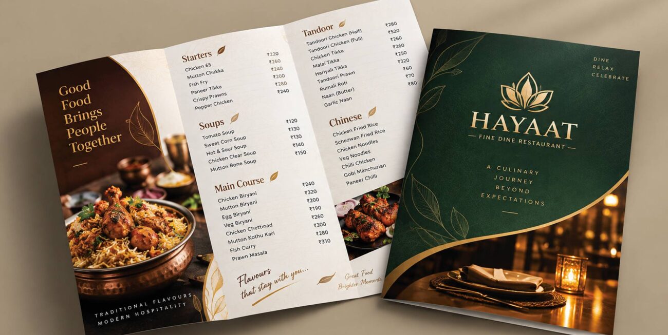 Your menu card is more than just a list of items—it’s a direct reflection of your restaurant’s brand, atmosphere, and quality. At Byrav Designs, we specialize in crafting visually stunning and strategically organized menu cards tailored to the personality of your business. Whether you run a café, fine-dining restaurant, bistro, or food truck in Singapore, we design menus that elevate the dining experience and guide customer choices.