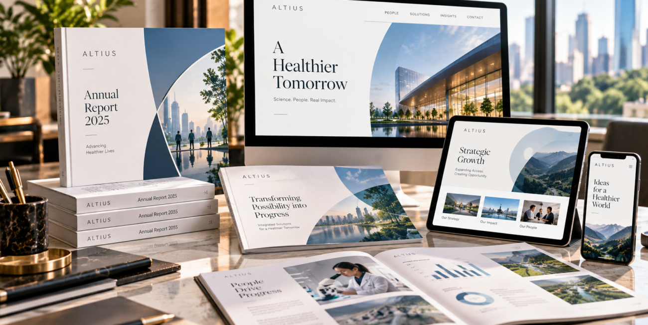Corporate communications design showcased through a coordinated annual report, corporate brochure, business presentation and digital publications.