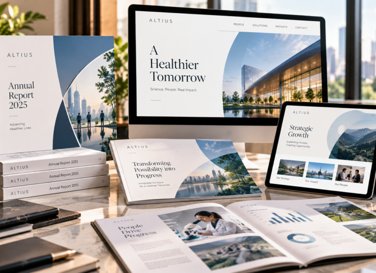 Corporate communications design showcased through a coordinated annual report, corporate brochure, business presentation and digital publications.
