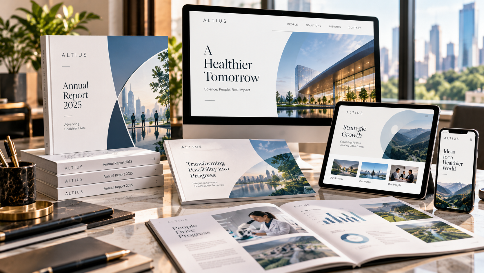Corporate communications design showcased through a coordinated annual report, corporate brochure, business presentation and digital publications.