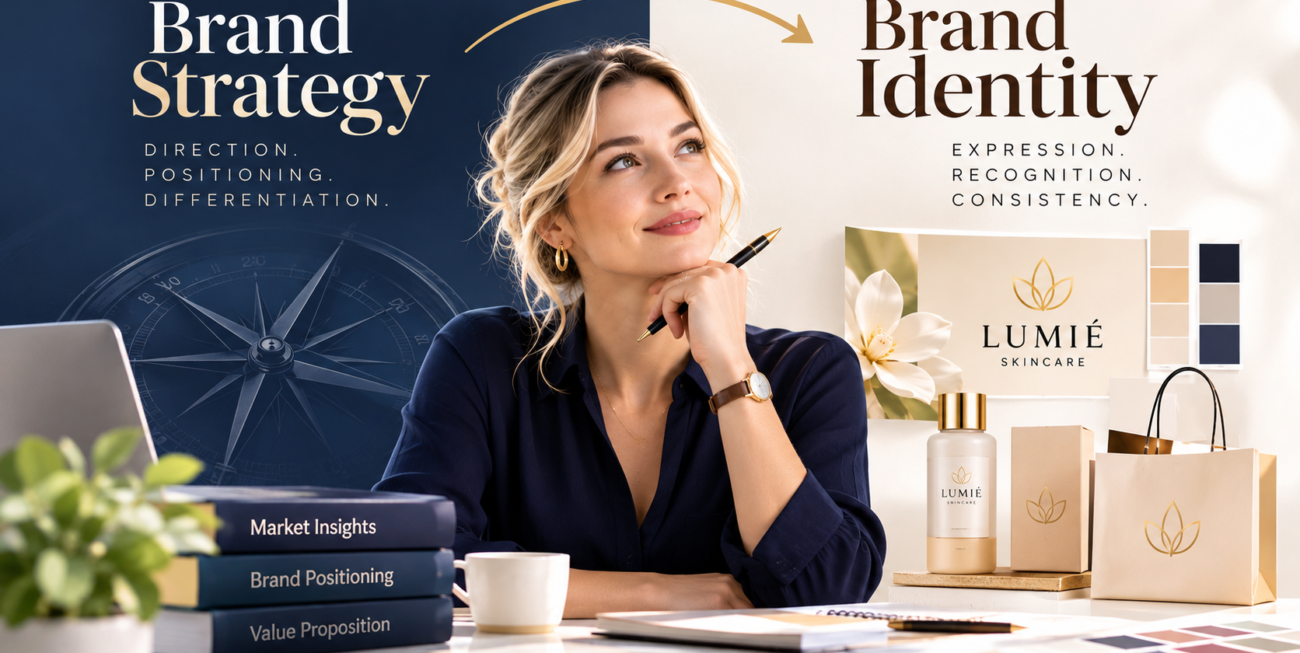 Brand strategy vs brand identity illustrated through business positioning notes, logo design, typography, colour palettes and corporate branding materials.