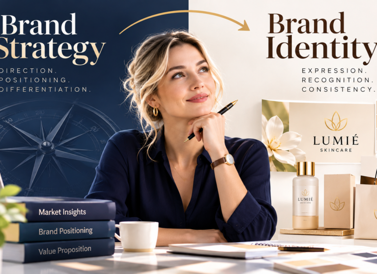 Brand strategy vs brand identity illustrated through business positioning notes, logo design, typography, colour palettes and corporate branding materials.