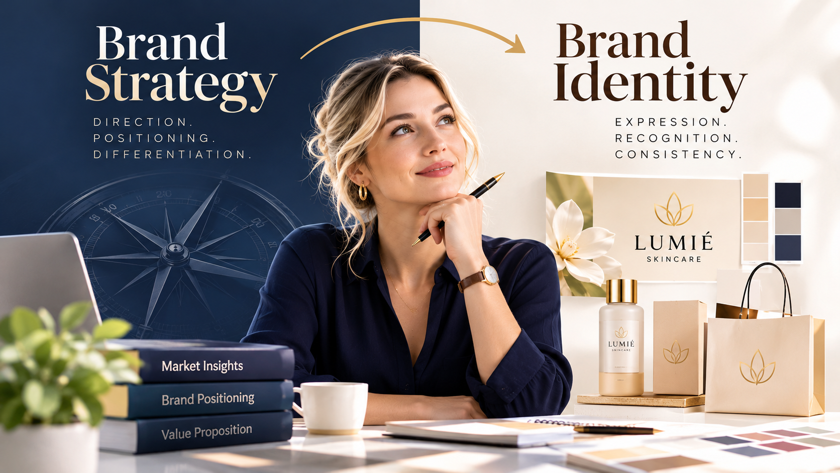 Brand strategy vs brand identity illustrated through business positioning notes, logo design, typography, colour palettes and corporate branding materials.