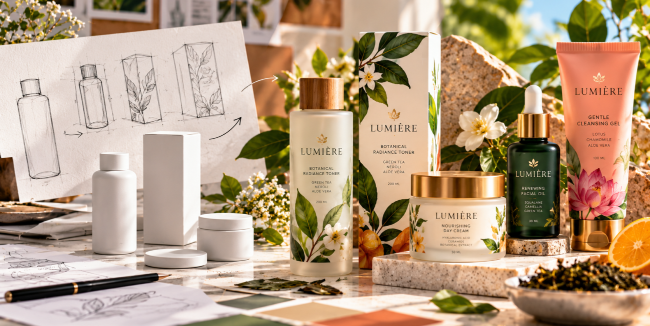 Packaging design transformation from plain white product containers and initial sketches to vibrant, fully branded skincare packaging with botanical illustrations and premium finishes.