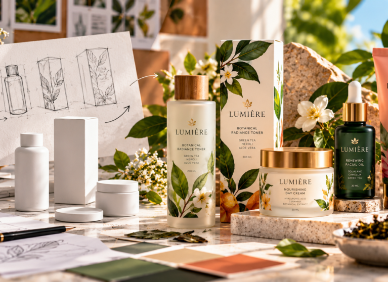 Packaging design transformation from plain white product containers and initial sketches to vibrant, fully branded skincare packaging with botanical illustrations and premium finishes.