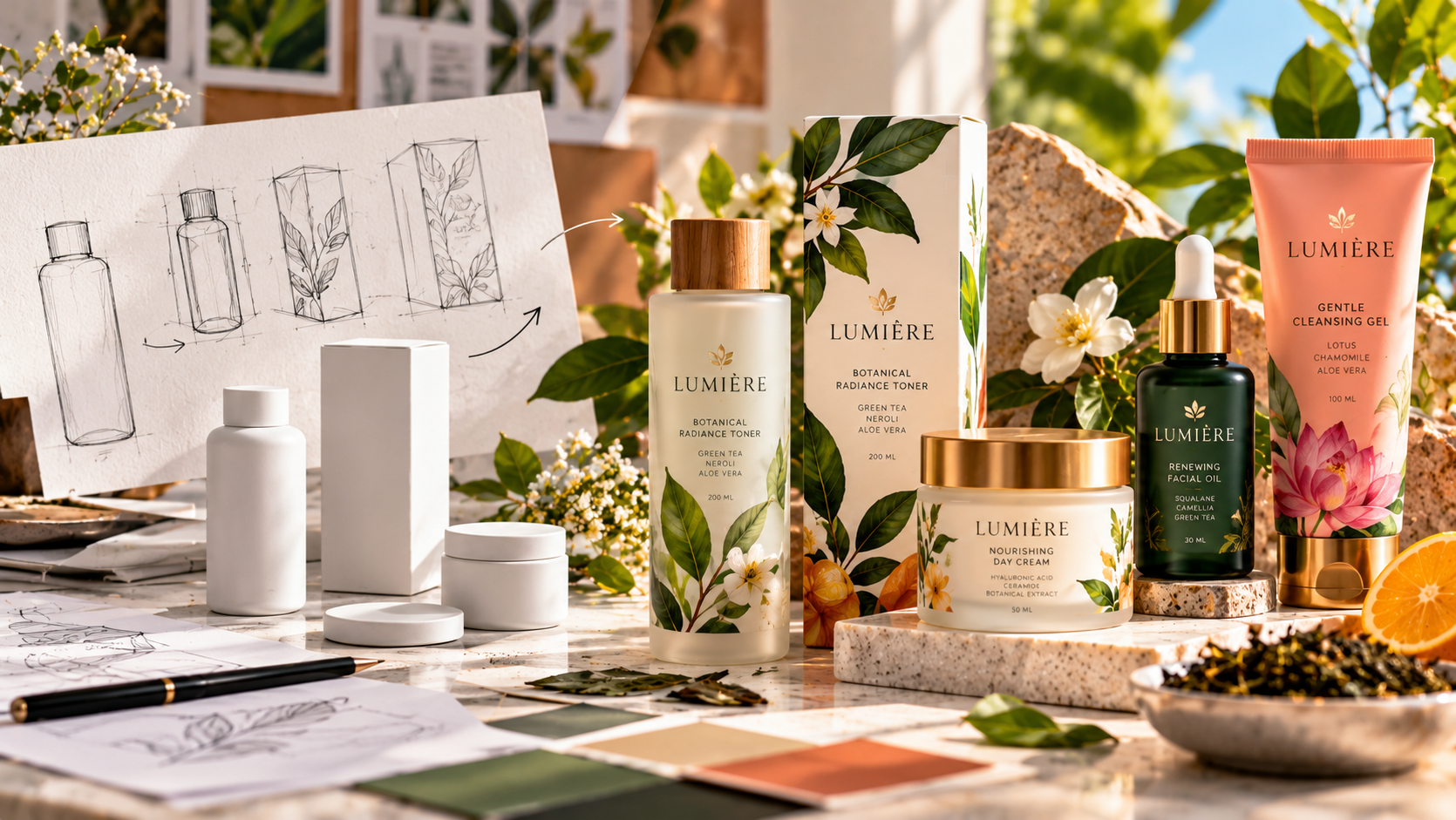 Packaging design transformation from plain white product containers and initial sketches to vibrant, fully branded skincare packaging with botanical illustrations and premium finishes.
