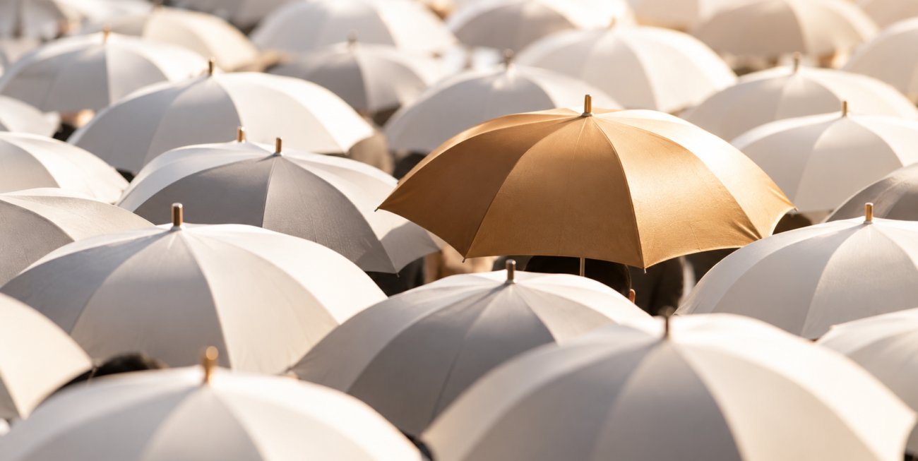 A distinctive golden umbrella standing out among a crowd of white umbrellas, symbolising brand differentiation and competitive advantage.