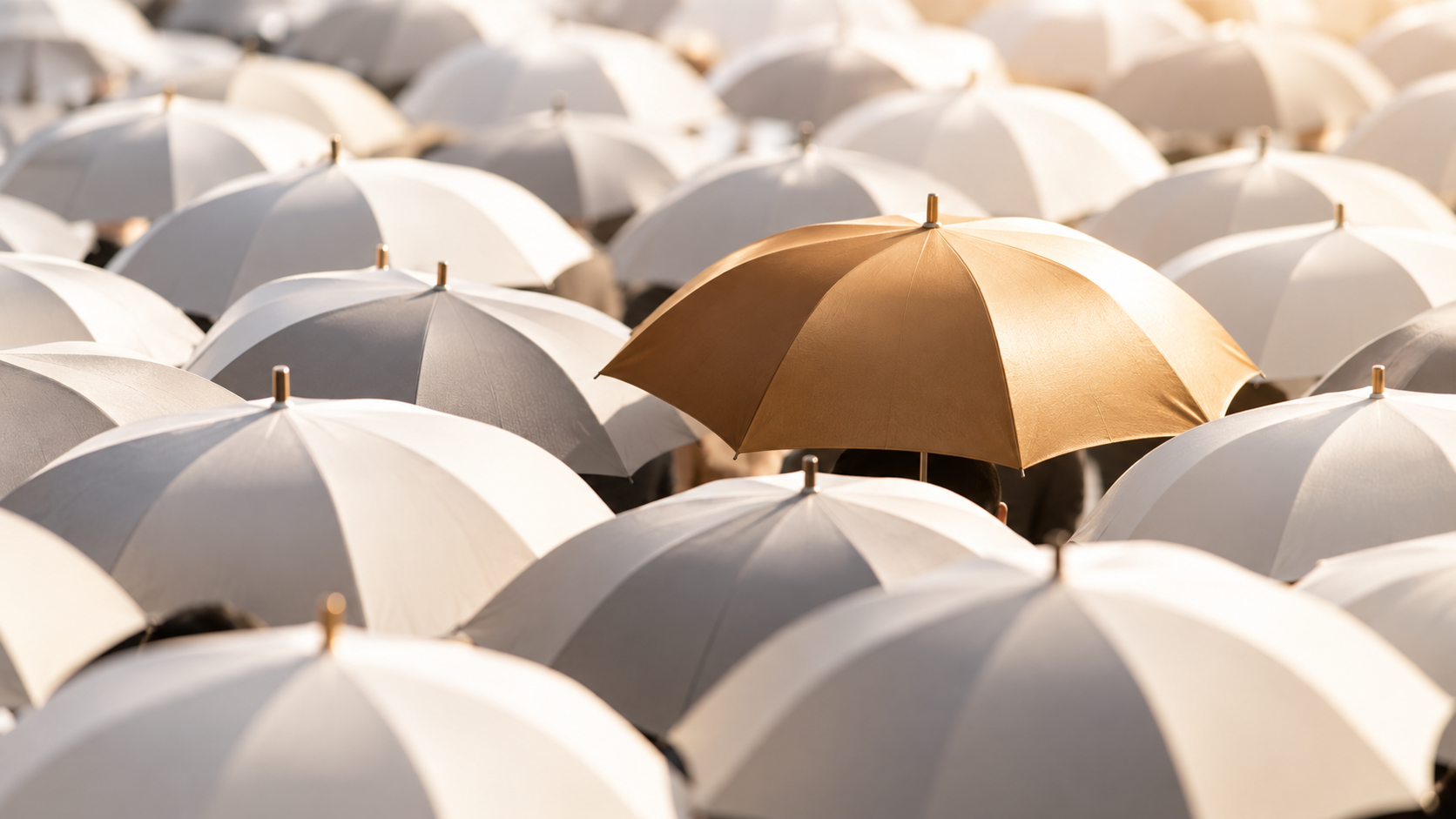 A distinctive golden umbrella standing out among a crowd of white umbrellas, symbolising brand differentiation and competitive advantage.