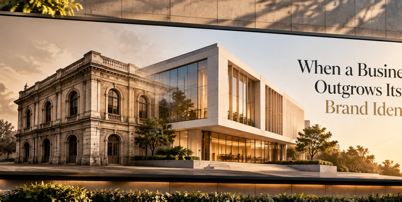Brand identity evolution illustrated through the transformation of a traditional building into modern architecture, symbolising business growth and rebranding.