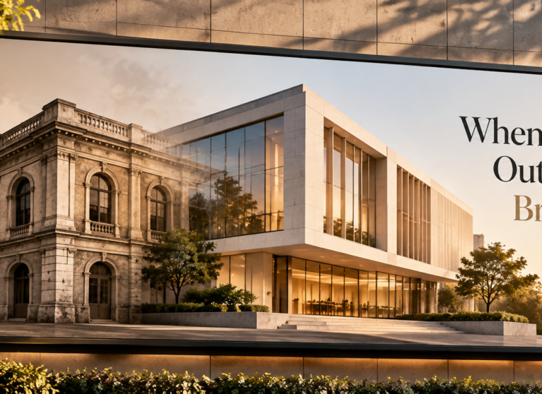 Brand identity evolution illustrated through the transformation of a traditional building into modern architecture, symbolising business growth and rebranding.
