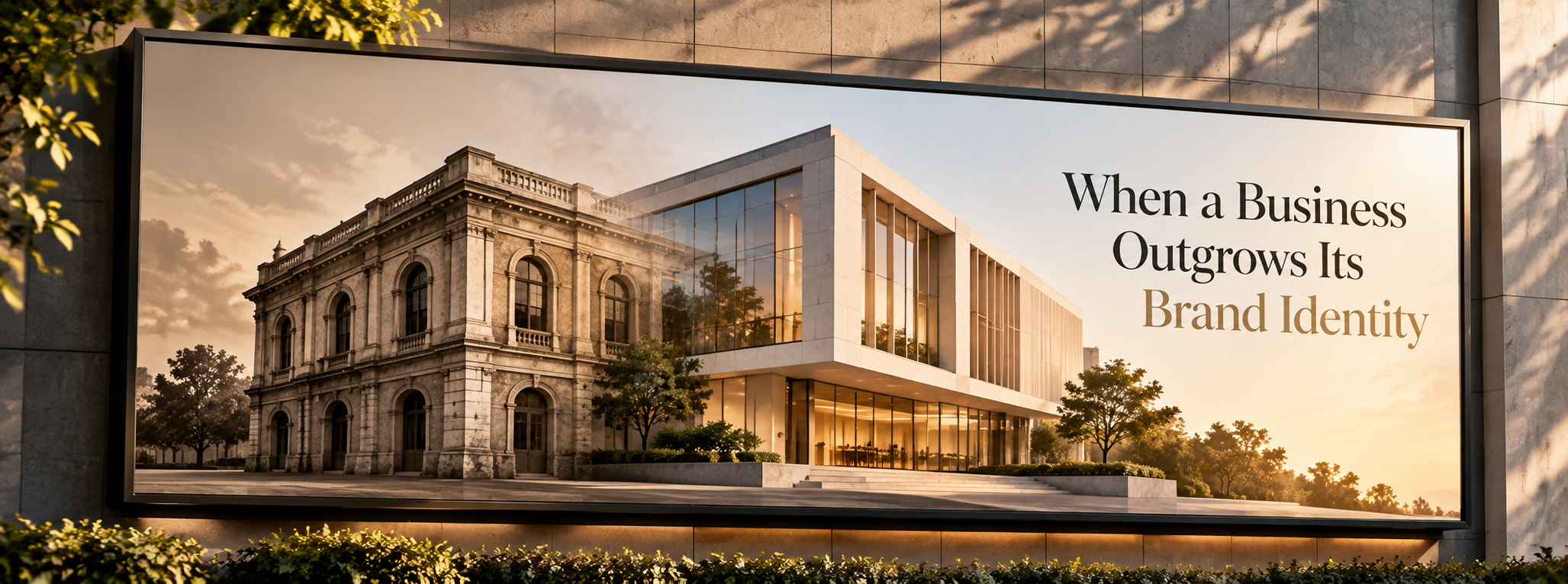 Brand identity evolution illustrated through the transformation of a traditional building into modern architecture, symbolising business growth and rebranding.