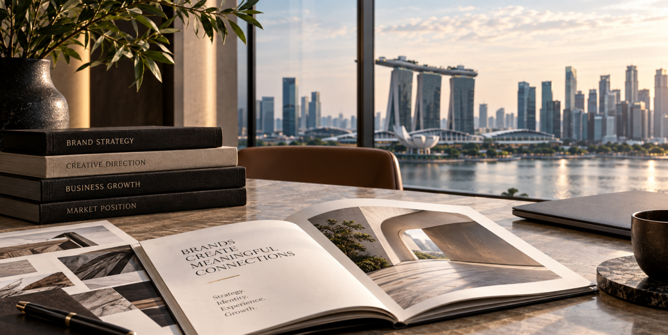Premium brand strategy workspace featuring creative direction, corporate identity and business growth overlooking Singapore's skyline.