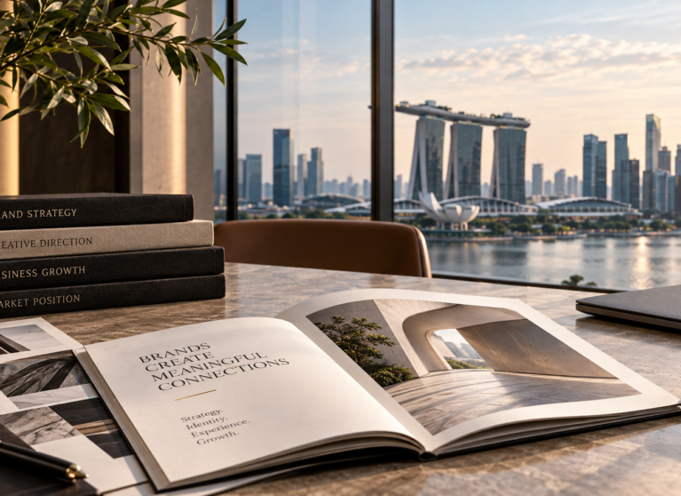 Premium brand strategy workspace featuring creative direction, corporate identity and business growth overlooking Singapore's skyline.