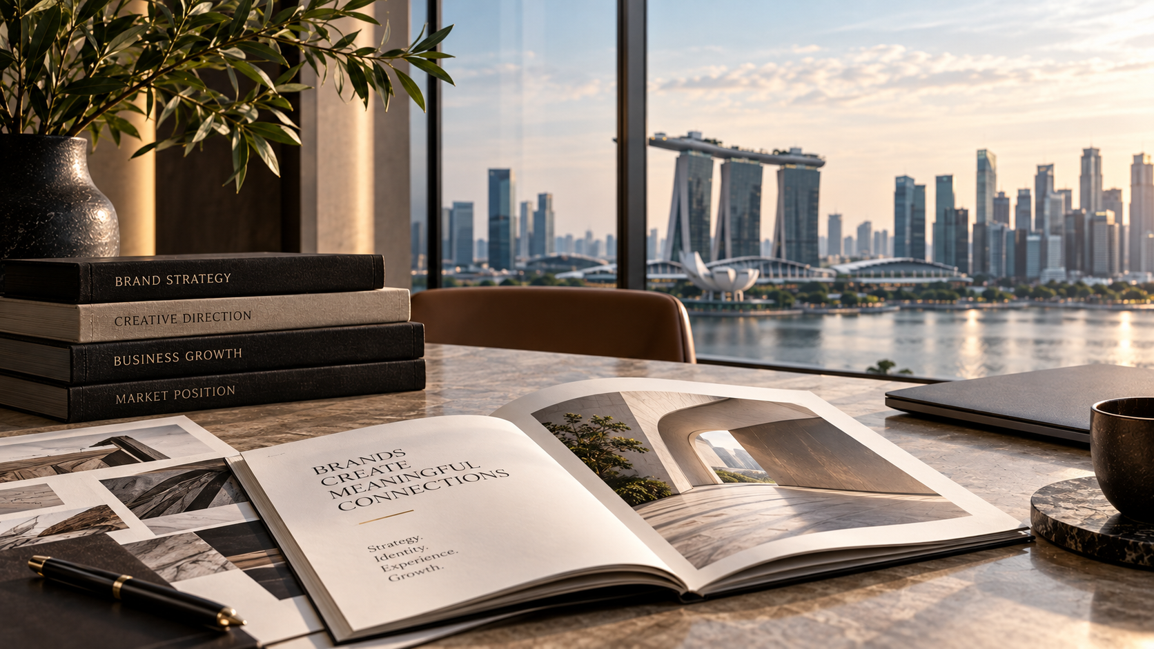 Premium brand strategy workspace featuring creative direction, corporate identity and business growth overlooking Singapore's skyline.