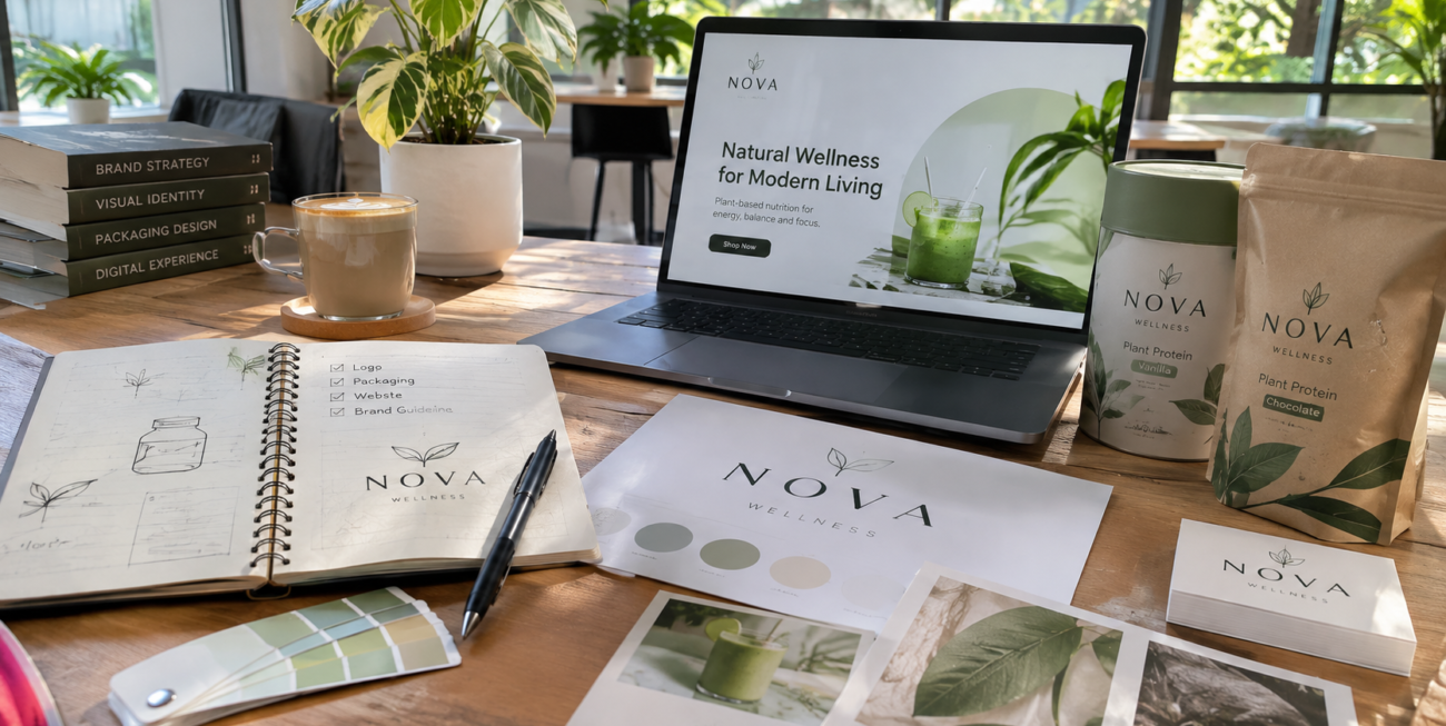 How to build a brand for a new business, featuring logo design, brand identity, packaging, website design and startup branding materials.