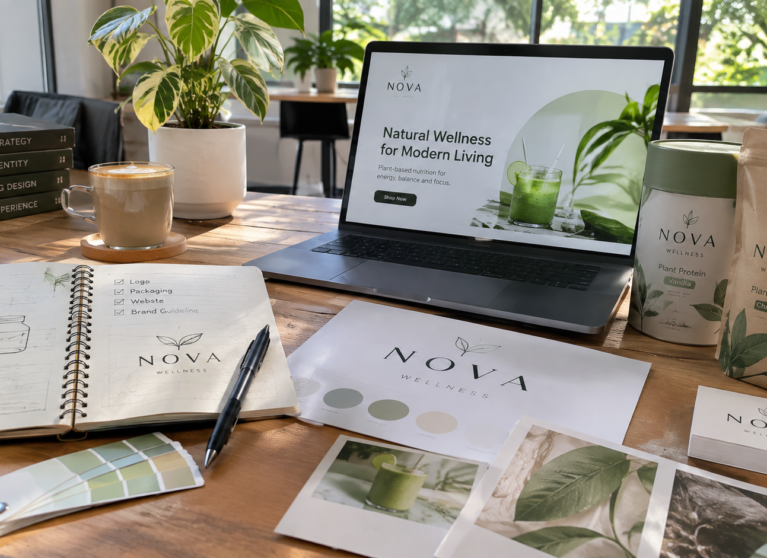 How to build a brand for a new business, featuring logo design, brand identity, packaging, website design and startup branding materials.