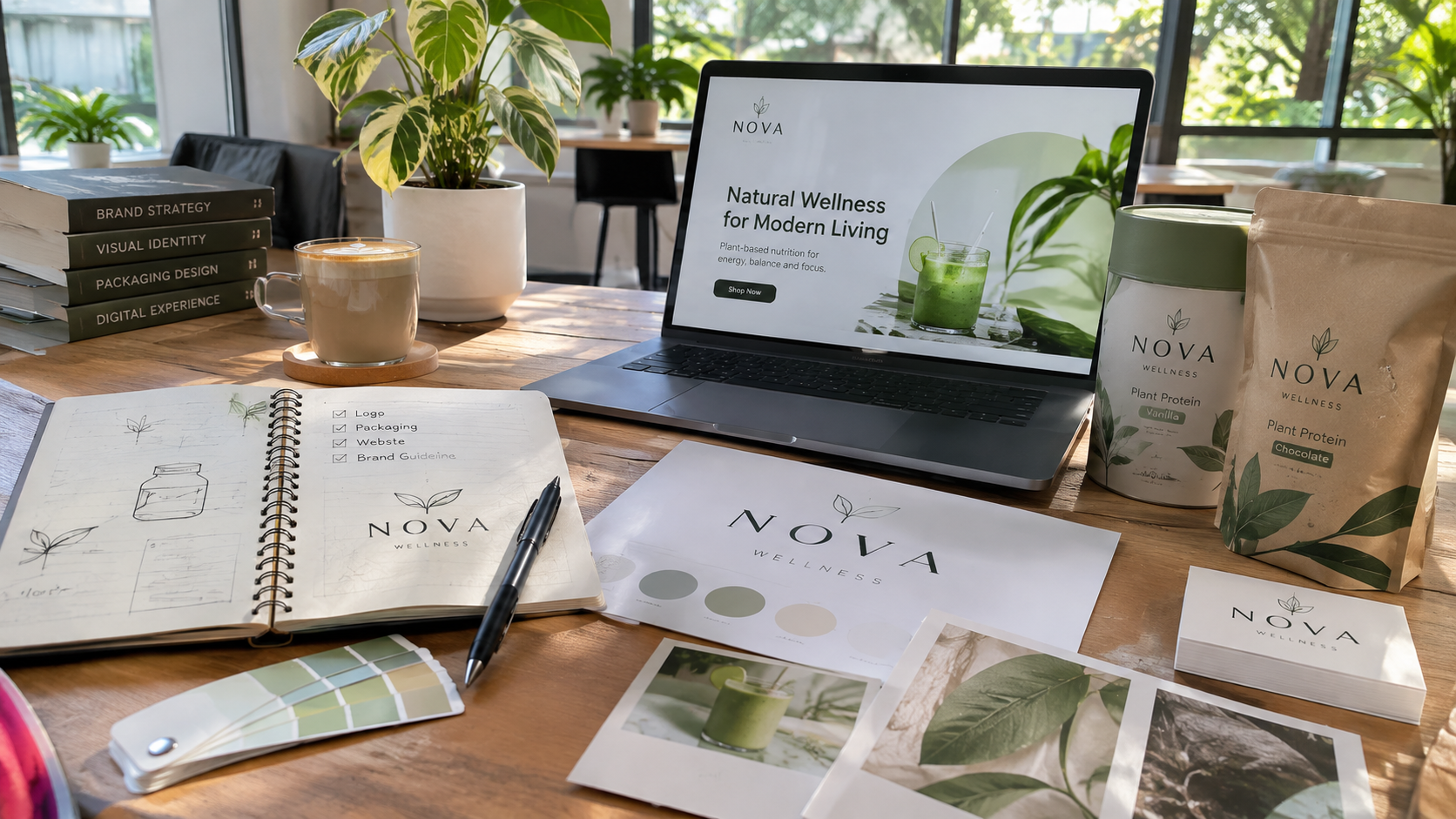 How to build a brand for a new business, featuring logo design, brand identity, packaging, website design and startup branding materials.